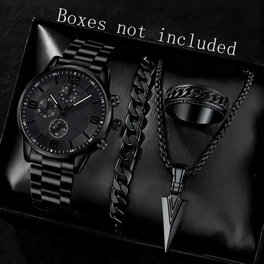 2/4PCS Black Men Watch Set Fashion Classic Three Eye Quartz Watch Jewelry Set Suitable for Daily Clothing Matching Perfect Gift